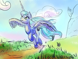 Size: 3200x2400 | Tagged: safe, artist:viwrastupr, princess luna, g4, cloud, cloudy, female, flying, happy, solo