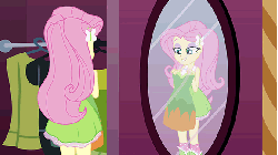 Size: 576x324 | Tagged: safe, screencap, fluttershy, equestria girls, equestria girls (movie), animated, boots, carousel boutique, clothes, dress, female, high heel boots, mirror, skirt, sleeveless, socks, solo, strapless, tanktop, this is our big night