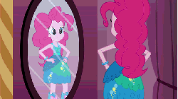 Size: 576x324 | Tagged: safe, screencap, pinkie pie, equestria girls, g4, my little pony equestria girls, animated, balloon, boots, bracelet, clothes, dress, female, high heel boots, jewelry, mirror, solo, this is our big night