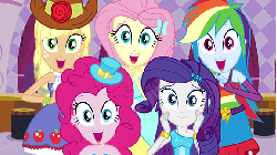 Size: 576x324 | Tagged: safe, screencap, applejack, fluttershy, pinkie pie, rainbow dash, rarity, equestria girls, equestria girls (movie), animated, animation error, blinking, faic, fall formal outfits, female, gif, humane five, humane five's encounter, implied hug, incoming hug, it's coming right at us, this is our big night, this will end well, welcome to the herd