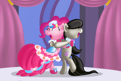 Size: 1800x1200 | Tagged: safe, artist:crazypon3, octavia melody, pinkie pie, earth pony, pony, g4, ^^, clothes, dress, duo, eyes closed, gala dress, hug, octavia is inkie pie, open mouth, open smile, sisters, smiling