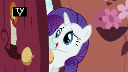 Size: 500x281 | Tagged: safe, screencap, rarity, g4, season 2, secret of my excess, animated, door, female, gasp, solo, tv rating