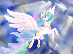Size: 1000x739 | Tagged: safe, artist:peachiekeenie, princess celestia, alicorn, pony, g4, cloud, cloudy, crepuscular rays, female, flying, mare, smiling, solo