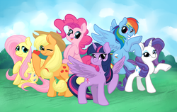 Size: 1007x635 | Tagged: safe, artist:peachiekeenie, applejack, fluttershy, pinkie pie, rainbow dash, rarity, twilight sparkle, alicorn, pony, g4, apple, cute, female, food, looking at you, mane six, mare, one eye closed, open mouth, twilight sparkle (alicorn), wink