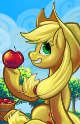 Size: 612x946 | Tagged: safe, artist:halley-valentine, applejack, g4, apple, female, obligatory apple, sitting, solo, tree