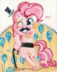 Size: 1183x1502 | Tagged: safe, artist:sara richard, pinkie pie, g4, balloon, bipedal, cane, facial hair, female, hat, monocle, moustache, smiling, solo, top hat, traditional art