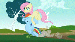 Size: 400x225 | Tagged: safe, screencap, angel bunny, fluttershy, rainbow dash, g4, may the best pet win, animated, carrying, dragging, flying, hub logo, unamused