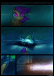 Size: 1000x1400 | Tagged: safe, artist:darkdoomer, scootaloo, pony, g4, aircraft, cockpit, comic, engine, forest, haunted, jet, jet fighter, night, plane, possessed, scootaloo can fly