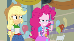 Size: 1920x1080 | Tagged: safe, screencap, applejack, pinkie pie, equestria girls, g4, apple cider, balloon, bracelet, cider, clothes, frown, jewelry, skirt