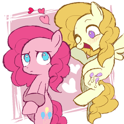 Size: 712x712 | Tagged: safe, artist:momo, pinkie pie, surprise, earth pony, pegasus, pony, ask harajukupinkiepie, g1, g4, alternate hairstyle, g1 to g4, generation leap, heart, looking back, one eye closed, wink