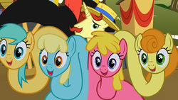 Size: 1280x720 | Tagged: safe, artist:dtkraus, edit, edited screencap, screencap, carrot top, cherry berry, flam, golden harvest, sassaflash, sunshower raindrops, hydra, g4, the super speedy cider squeezy 6000, multiple heads, wat