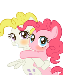 Size: 660x789 | Tagged: safe, pinkie pie, surprise, ask harajukupinkiepie, g1, g4, blushing, cute, diapinkes, g1 to g4, generation leap, grin, hug, looking at you, smiling, squee
