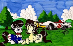 Size: 1280x805 | Tagged: safe, artist:newyorkx3, earth pony, pegasus, pony, car, crossover, go mifune, mach go go go, michi shimura, ponified, speed racer, traditional art, trixie (speed racer)