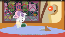 Size: 1364x768 | Tagged: safe, screencap, sweetie belle, button's adventures, g4, female, joy boy, meme, milkshake, solo, youtube caption