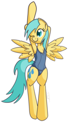 Size: 1161x2033 | Tagged: safe, artist:jade meteor, sunshower raindrops, pegasus, pony, semi-anthro, g4, arm hooves, bipedal, chest fluff, clothes, female, one-piece swimsuit, simple background, solo, swimsuit, transparent background