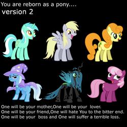 Size: 2000x2000 | Tagged: safe, carrot top, cheerilee, derpy hooves, golden harvest, queen chrysalis, trixie, changeling, changeling queen, earth pony, pegasus, pony, unicorn, g4, black background, female, horn, mare, open mouth, reborn as a pony, simple background, underp