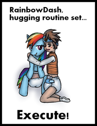 Size: 457x591 | Tagged: safe, artist:hira dontell, rainbow dash, human, pony, g4, blushing, crossover, diaper, diaper fetish, hug, lan hikari, mega man (series), non-baby in diaper, poofy diaper, why