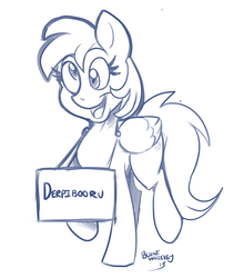 Size: 1308x1488 | Tagged: safe, artist:bluntwhiskey, derpy hooves, pegasus, pony, derpibooru, g4, female, happy, mare, monochrome, sign, solo