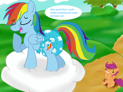 Size: 900x674 | Tagged: safe, artist:fillyscoots42, rainbow dash, scootaloo, pegasus, pony, g4, cloud, diaper, diaper fetish, female, filly, foal, mare, non-baby in diaper, on a cloud, poofy diaper, squee