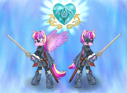 Size: 2300x1697 | Tagged: safe, artist:theculturewarrior, princess cadance, pony, g4, bipedal, clothes, crossover, crystal heart, falchion, fire emblem, lucina, mask, parody, sword