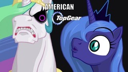 Size: 800x450 | Tagged: safe, edit, princess celestia, princess luna, g4, black sclera, s1 luna, top gear