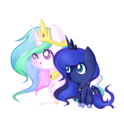 Size: 894x894 | Tagged: safe, artist:ponibun, princess celestia, princess luna, g4, chibi, simple background