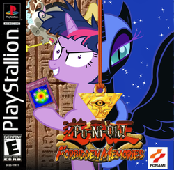 Size: 900x880 | Tagged: safe, artist:nickyv917, discord, nightmare moon, twilight sparkle, alicorn, pony, unicorn, g4, e rating, elements of harmony, esrb, game cover, konami, parody, playstation, playstation 1, twilight snapple, unicorn twilight, video game, yu-gi-oh!