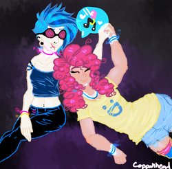 Size: 1392x1371 | Tagged: safe, artist:coppahhead, dj pon-3, pinkie pie, vinyl scratch, human, g4, female, glasses, glowstick, holding hands, humanized, lesbian, shipping, vinylpie