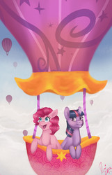 Size: 2206x3423 | Tagged: safe, artist:endytar, pinkie pie, twilight sparkle, g4, balloon, female, hot air balloon, lesbian, riding, ship:twinkie, shipping, twinkling balloon