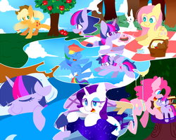 Size: 1280x1024 | Tagged: safe, artist:kriversky, applejack, fluttershy, pinkie pie, rainbow dash, rarity, twilight sparkle, alicorn, pony, g4, applebucking, bucking, dream, female, mane six, mare, picnic, sleeping, twilight sparkle (alicorn)