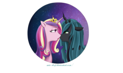 Size: 3361x2000 | Tagged: safe, artist:mia-doof, princess cadance, queen chrysalis, alicorn, changeling, changeling queen, pony, g4, female, imminent kissing, lesbian, ship:cadalis, shipping