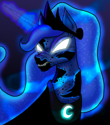 Size: 900x1021 | Tagged: safe, artist:myhysteria, nightmare moon, princess luna, g4, fangs, glowing eyes, magic, solo, transformation