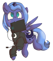 Size: 600x687 | Tagged: safe, artist:lunechapaillini, princess luna, alicorn, pony, g4, female, filly, mouth hold, simple background, solo, sweatshirt, tablet, transparent background, woona