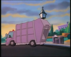 Size: 448x360 | Tagged: safe, screencap, g1, my little pony tales, out of luck, car, garbage truck, no pony, outdoors, trash can, truck