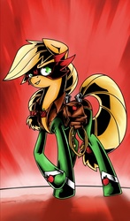 Size: 963x1642 | Tagged: safe, artist:europamaxima, applejack, mistress marevelous, g4, season 4, clothes, costume, crossed hooves, female, power ponies, solo, speculation