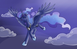 Size: 1400x900 | Tagged: safe, artist:28gooddays, princess luna, g4, eyes closed, female, fluffy, flying, happy, night, open mouth, smiling, solo