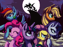 Size: 320x240 | Tagged: dead source, safe, artist:ketrindarkdragon, applejack, fluttershy, pinkie pie, rainbow dash, rarity, twilight sparkle, g4, animated, cover, fan game, female, game, loop, mane six, my little pony: elements of dissonance, parallax scrolling, pixel art, project
