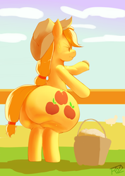 Size: 1280x1813 | Tagged: safe, artist:trinity-fate62, applejack, earth pony, pony, g4, applebutt, bipedal, butt, female, fence, impossibly large butt, plot, solo, the ass was fat