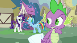 Size: 1280x720 | Tagged: safe, screencap, rainbow dash, rarity, spike, g4, just for sidekicks, out of context