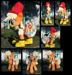 Size: 876x912 | Tagged: safe, artist:fireflytwinkletoes, applejack, earth pony, pony, g4, suited for success, clothes, dress, galoshes, hat, irl, multiple views, outdoors, photo, plushie, solo