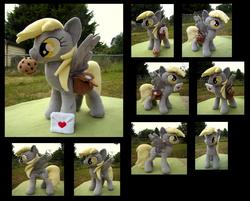 Size: 1981x1593 | Tagged: safe, artist:fireflytwinkletoes, derpy hooves, pegasus, pony, g4, accessory, female, food, irl, letter, mail, mailbag, mare, mouth hold, muffin, multiple views, outdoors, photo, plushie, solo, spread wings, wings