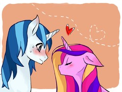 Size: 1600x1200 | Tagged: safe, artist:6 3, princess cadance, shining armor, alicorn, pony, unicorn, g4, abstract background, blushing, bust, cute, female, heart, imminent kissing, male, mare, pixiv, portrait, profile, ship:shiningcadance, shipping, stallion, straight