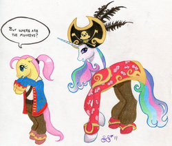 Size: 900x764 | Tagged: safe, artist:alipes, fluttershy, princess celestia, g4, crossover, guybrush threepwood, lechuck, monkey island