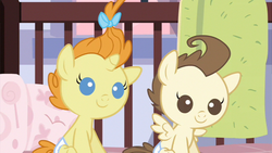 Size: 853x480 | Tagged: safe, screencap, pound cake, pumpkin cake, pegasus, pony, unicorn, a friend in deed, g4, season 2, baby, baby pony, brother and sister, cake twins, colt, diaper, female, filly, male, siblings, twins