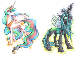 Size: 1181x868 | Tagged: artist needed, safe, princess celestia, queen chrysalis, alicorn, changeling, changeling queen, pony, g4, female, looking at you, mare