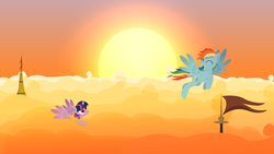 Size: 4096x2304 | Tagged: safe, artist:lostzilla, rainbow dash, twilight sparkle, alicorn, pegasus, pony, g4, cloud, female, happy, lesbian, mare, ship:twidash, shipping, smiling, spread wings, sunset, twilight sparkle (alicorn), wings