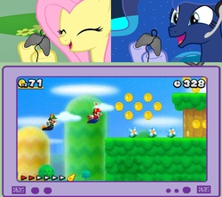 Size: 1126x1000 | Tagged: safe, artist:clintr, fluttershy, princess luna, pegasus, pony, gamer luna, g4, 3ds, duo, duo female, exploitable meme, eyes closed, female, gamershy, luigi, male, mare, mario, meme, new super mario bros. 2, nintendo, open mouth, open smile, platformer, smiling, super mario, tanooki suit, tv meme