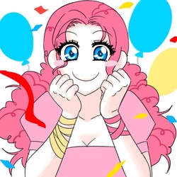 Size: 500x500 | Tagged: dead source, safe, artist:apzzang, pinkie pie, human, g4, balloon, blush sticker, blushing, bust, colored pupils, confetti, cute, diapinkes, female, humanized, looking at you, no nose, simple background, smiling, solo, streamers, white background