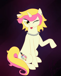 Size: 801x998 | Tagged: safe, artist:roboponylove, oc, oc only, oc:peach palette, pony, unicorn, ear piercing, female, mare, necklace, solo, tongue out, wink