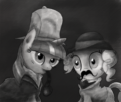 Size: 800x674 | Tagged: safe, artist:hewison, pinkie pie, twilight sparkle, g4, bowler hat, detective, duo, hat, monochrome, moustache, pipe, sherlock holmes, sherlock sparkle